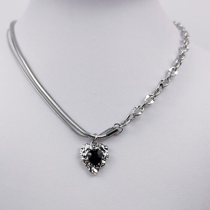 Women Light Luxury Black Zircon Heart Necklace Double Layered Hip Hop Chain Necklace