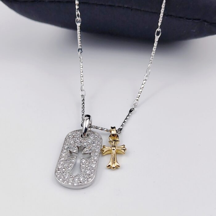 Personality Cross Hollow Luxury Necklace Gold Plated Zircon Double Pendant Silver Fashion Necklace for Men and Women - Image 2