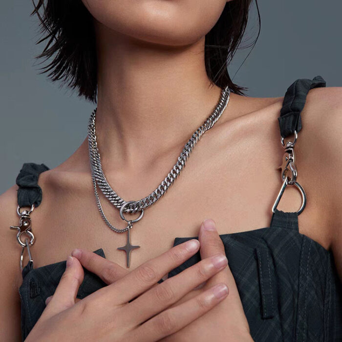 Hip Hop Stainless Steel Heavy Cuban Chain Simple Layered Chain Cross Pendant Necklace Men and Women Jewelry Accessories - Image 3