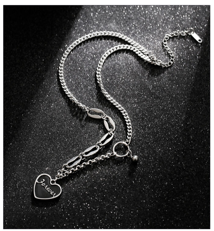 Stainless Steel Hip-Hop Jewelry Black Enamel Heart Curb Chain Necklace Hiphop Heart Pendant Necklace - Image 5