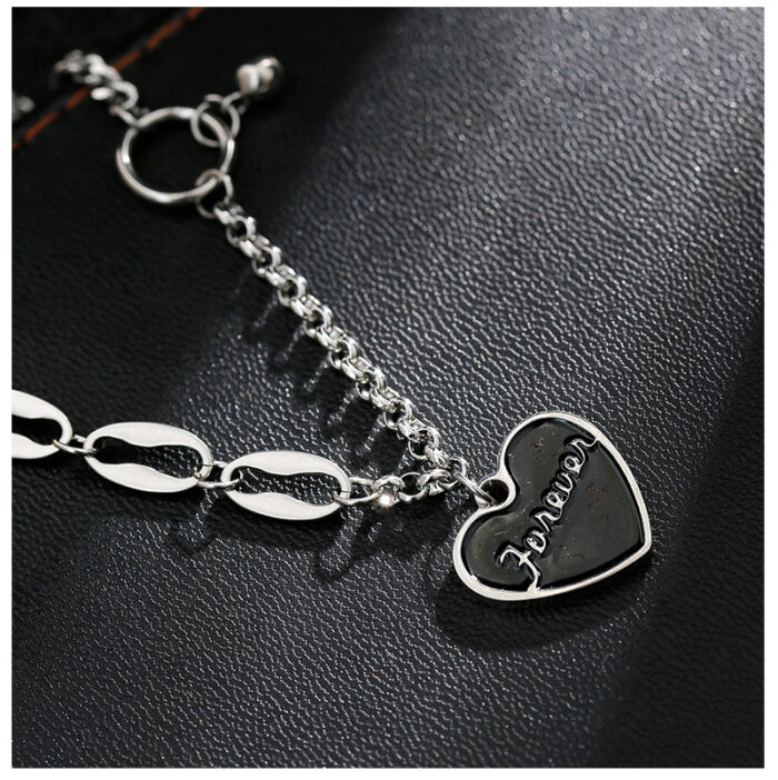 Stainless Steel Hip-Hop Jewelry Black Enamel Heart Curb Chain Necklace Hiphop Heart Pendant Necklace - Image 4