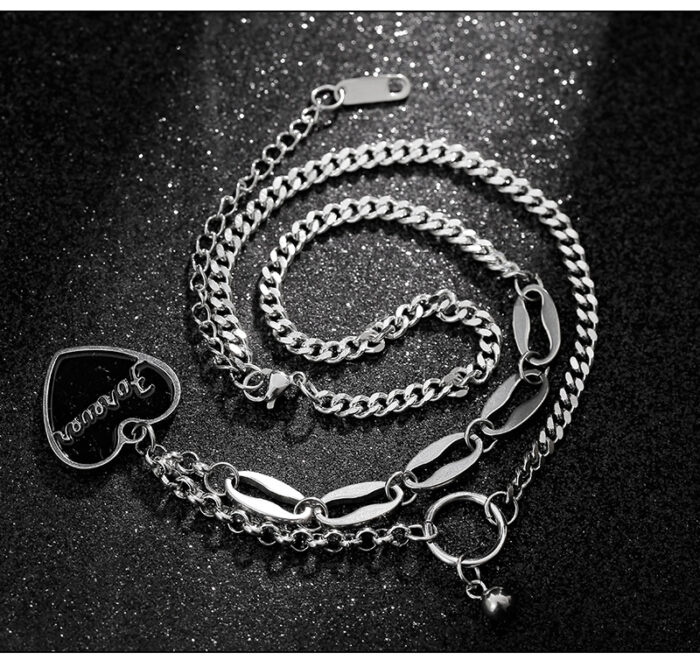Stainless Steel Hip-Hop Jewelry Black Enamel Heart Curb Chain Necklace Hiphop Heart Pendant Necklace - Image 3