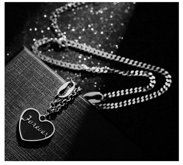 Stainless Steel Hip-Hop Jewelry Black Enamel Heart Curb Chain Necklace Hiphop Heart Pendant Necklace