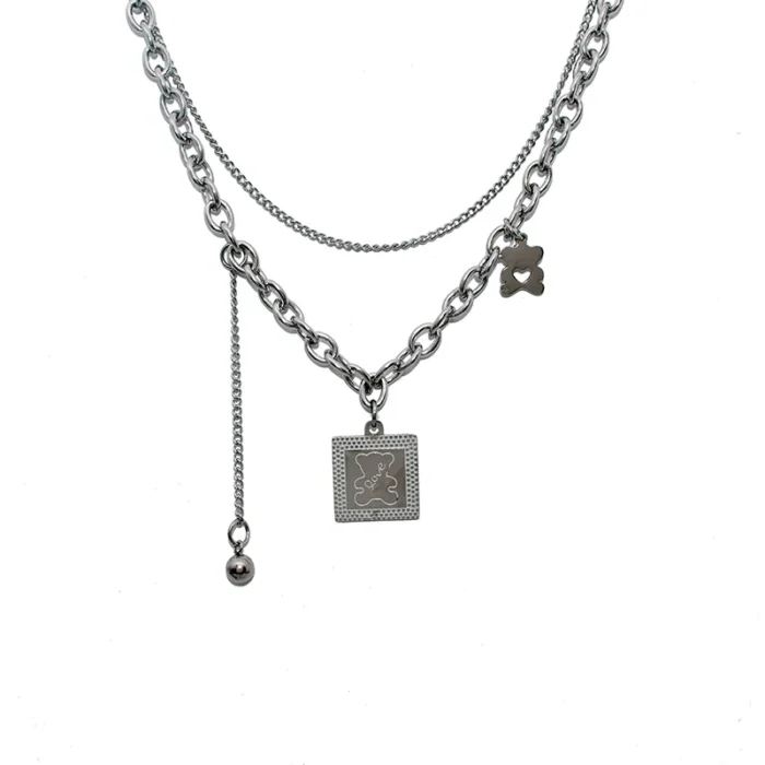 Simple double-layer cute bear necklace female ins hip hop pendant choker net red temperament all-match sweater chain - Image 2