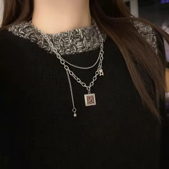 Simple double-layer cute bear necklace female ins hip hop pendant choker net red temperament all-match sweater chain - Image 5