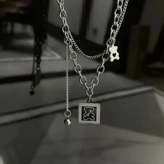 Simple double-layer cute bear necklace female ins hip hop pendant choker net red temperament all-match sweater chain